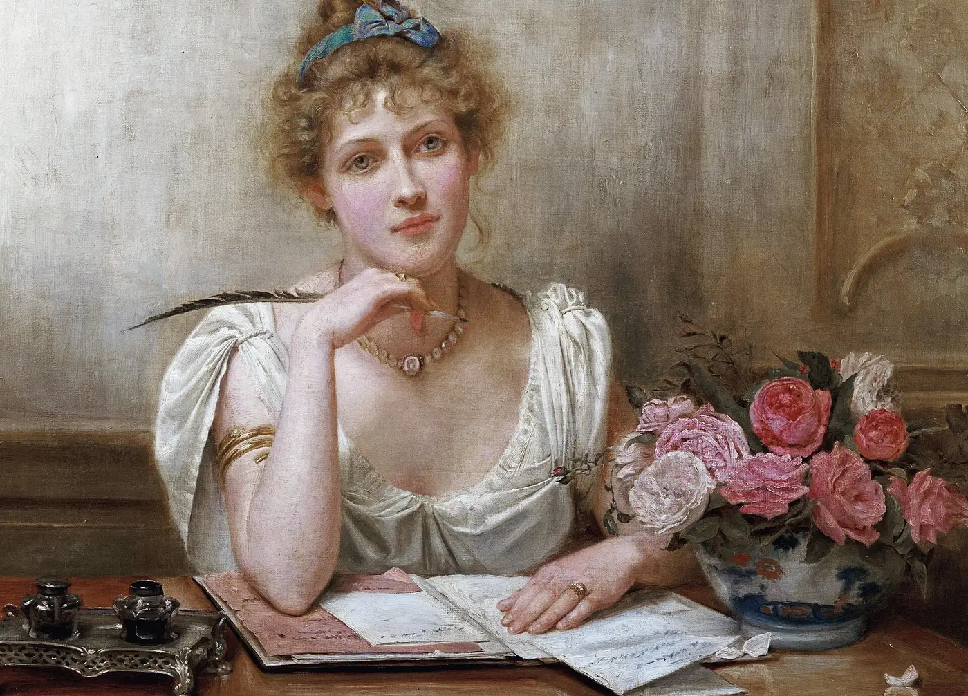 A nineteenth-century painting of a lady penning a letter at her writing desk, after the manner the Membership Office still keeps