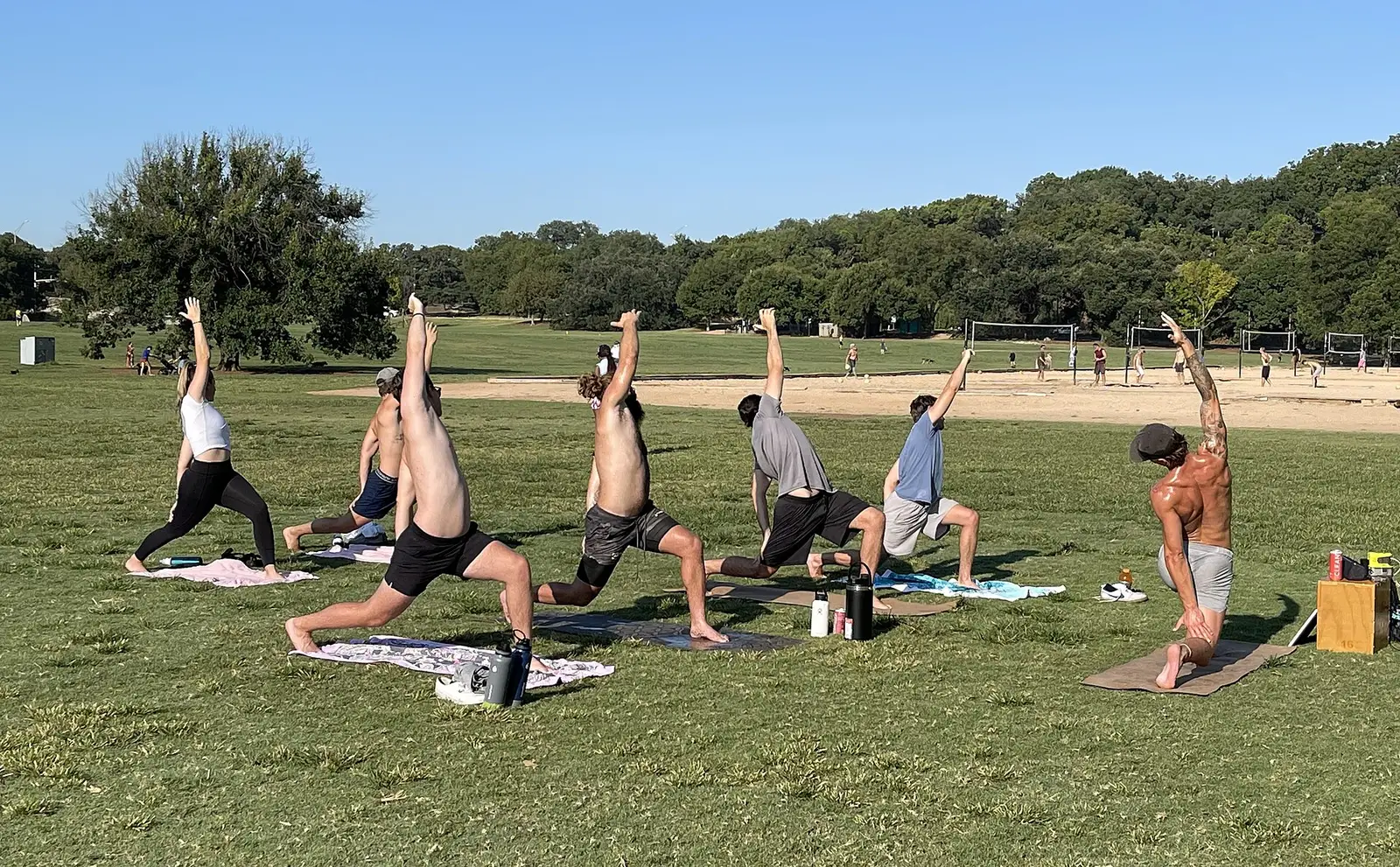 The half-past-seven yoga class on the spa lawn, mats in a row beneath the oaks